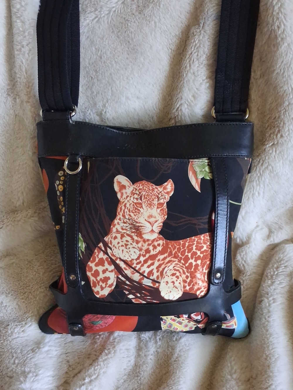 Salvatore Ferragamo Black Crossbody Bag with Orange Leopard Motif
